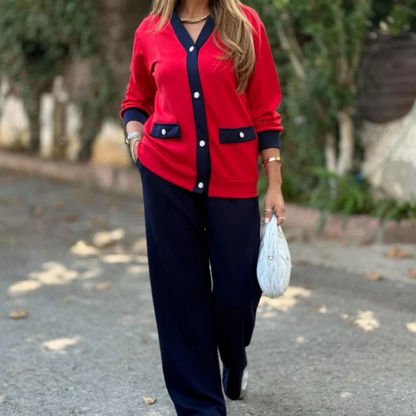 👚👖Fransk stil med färgblockerad stickad kofta och vida byxor