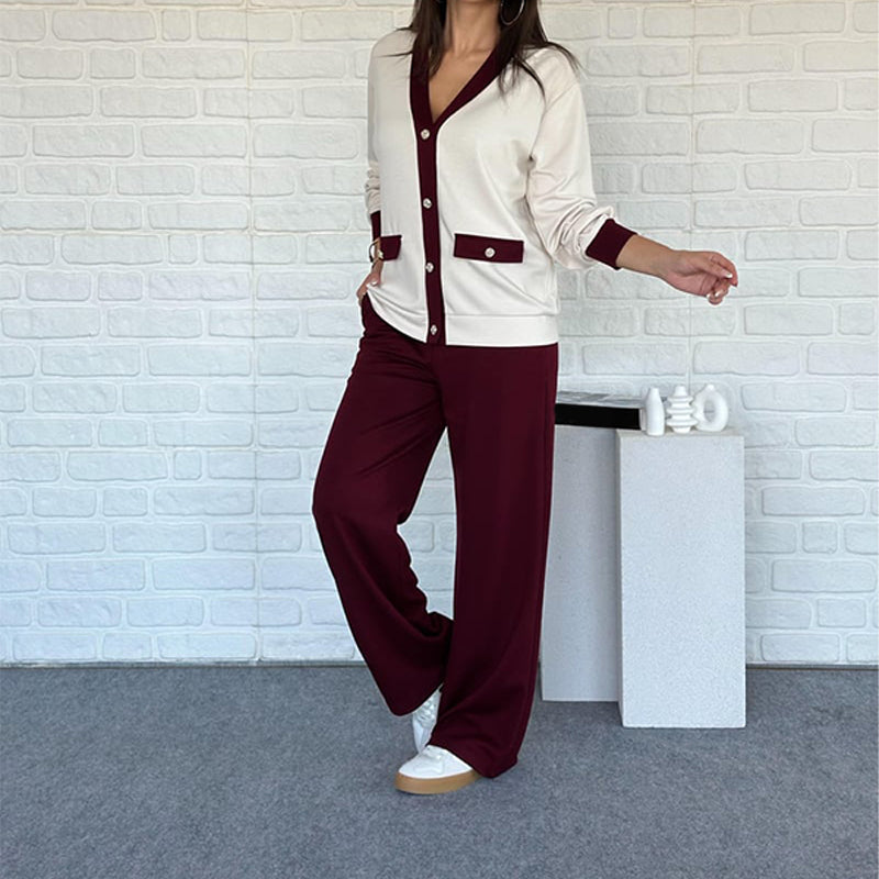 👚👖Fransk stil med färgblockerad stickad kofta och vida byxor