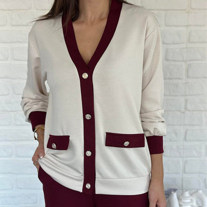 👚👖Fransk stil med färgblockerad stickad kofta och vida byxor