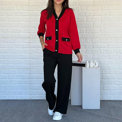 👚👖Fransk stil med färgblockerad stickad kofta och vida byxor