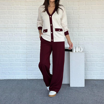 👚👖Fransk stil med färgblockerad stickad kofta och vida byxor