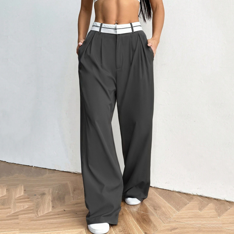 Snygga byxor med vida ben 💃 Färgblockerad midja + hög midja ✨ Perfekt för jobbet eller shopping 👜