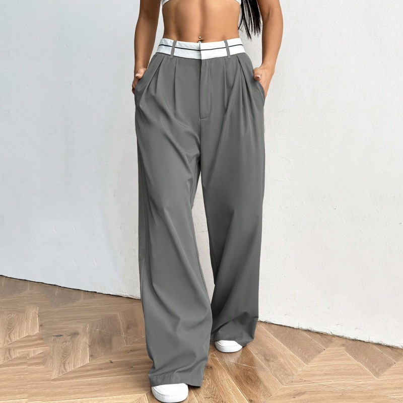 Snygga byxor med vida ben 💃 Färgblockerad midja + hög midja ✨ Perfekt för jobbet eller shopping 👜