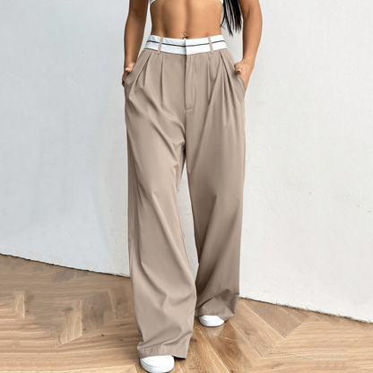 Snygga byxor med vida ben 💃 Färgblockerad midja + hög midja ✨ Perfekt för jobbet eller shopping 👜