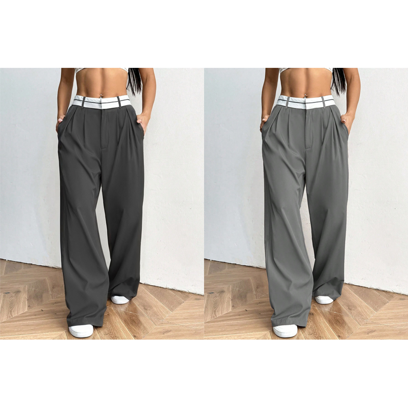 Snygga byxor med vida ben 💃 Färgblockerad midja + hög midja ✨ Perfekt för jobbet eller shopping 👜