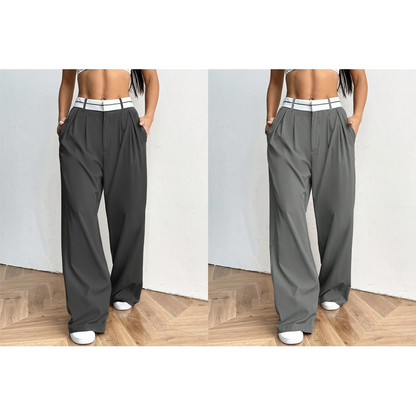 Snygga byxor med vida ben 💃 Färgblockerad midja + hög midja ✨ Perfekt för jobbet eller shopping 👜