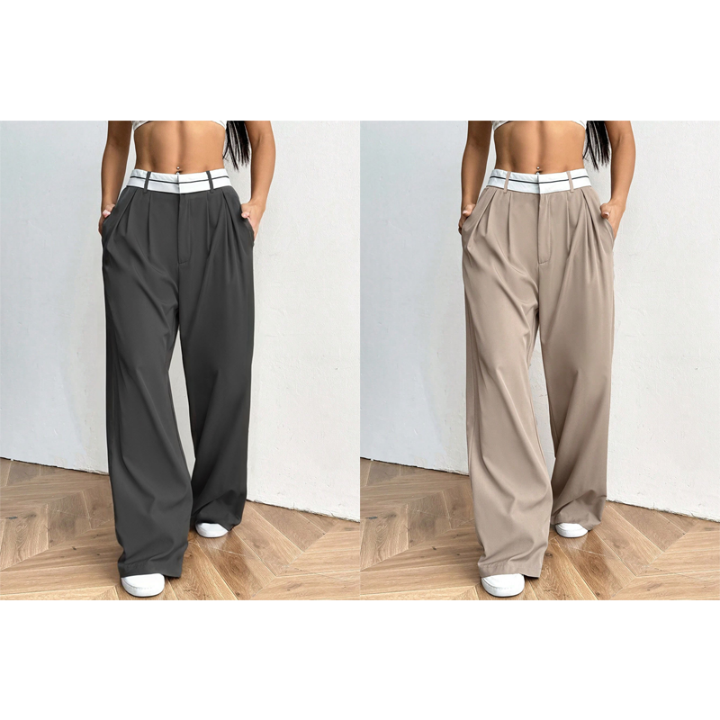 Snygga byxor med vida ben 💃 Färgblockerad midja + hög midja ✨ Perfekt för jobbet eller shopping 👜