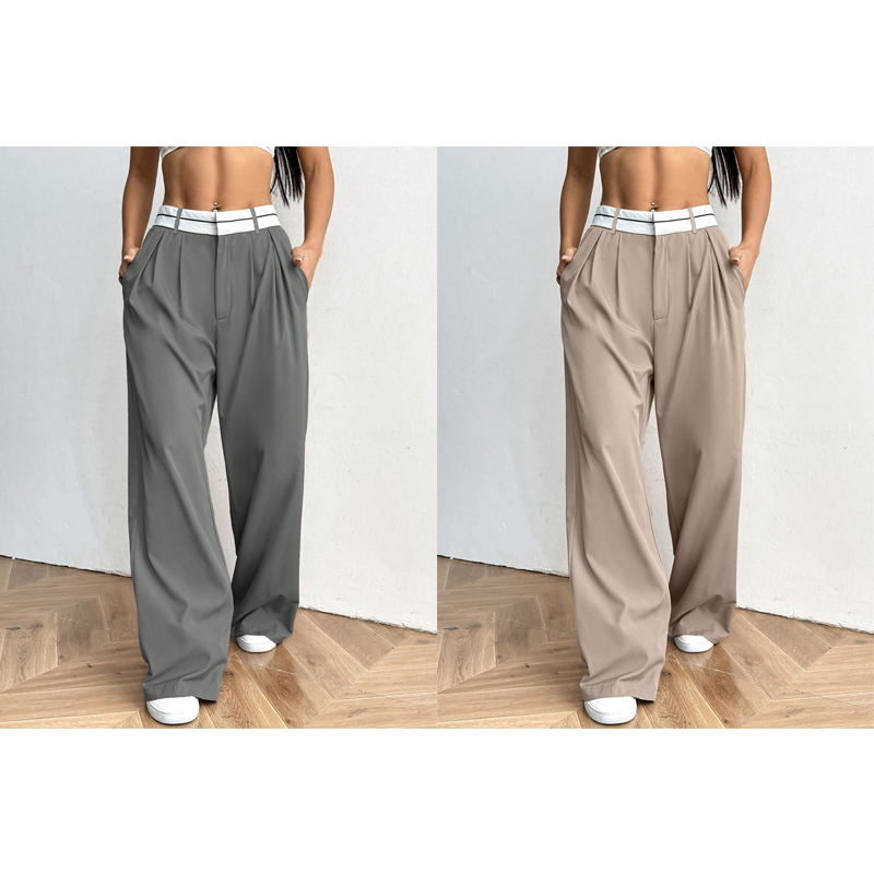 Snygga byxor med vida ben 💃 Färgblockerad midja + hög midja ✨ Perfekt för jobbet eller shopping 👜