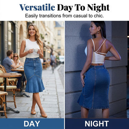 Midi-kjol i denim med utsvängd sjöjungfrumodell