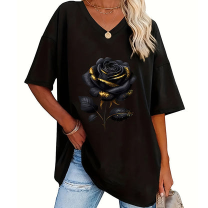 🌹 Avslappnad V-ringad rosprint T-shirt för plus size