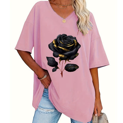 🌹 Avslappnad V-ringad rosprint T-shirt för plus size
