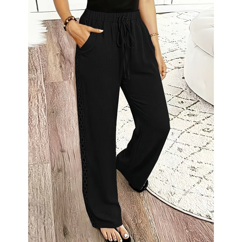 👖🌸 Lätta boho-byxor med spetsdetaljer och elastisk midja