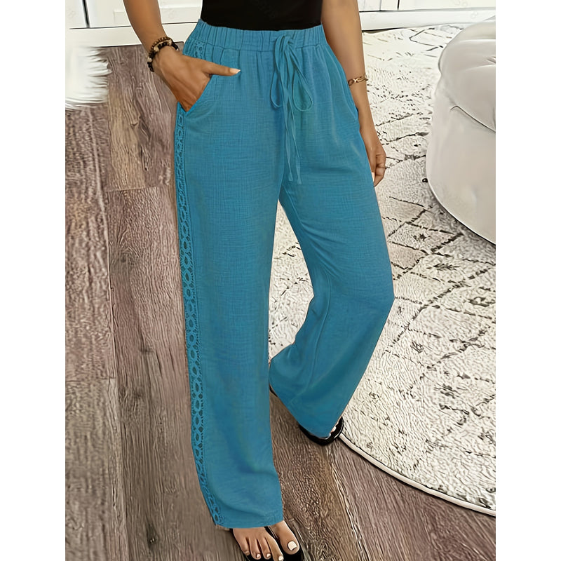 👖🌸 Lätta boho-byxor med spetsdetaljer och elastisk midja