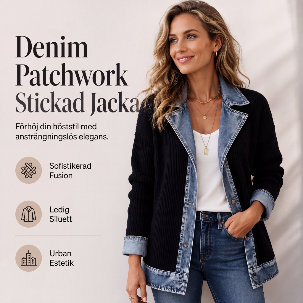 Damens elegant ribbstickad kappa med jeansdetaljer