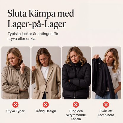 Damens elegant ribbstickad kappa med jeansdetaljer