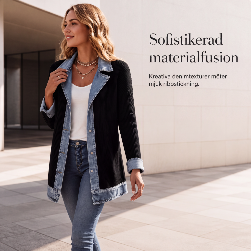 Damens elegant ribbstickad kappa med jeansdetaljer