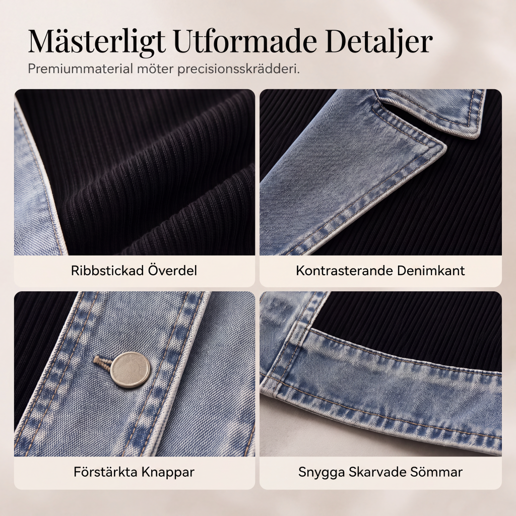 Damens elegant ribbstickad kappa med jeansdetaljer