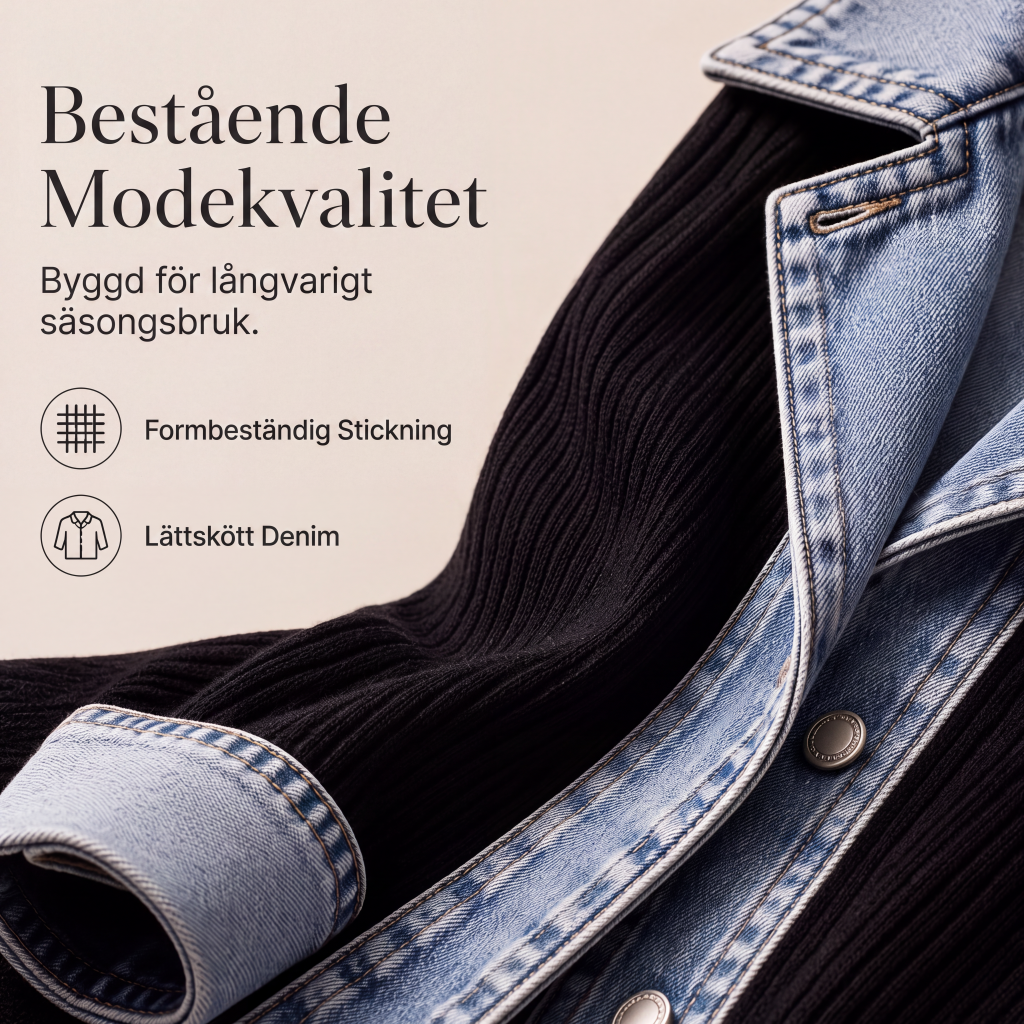 Damens elegant ribbstickad kappa med jeansdetaljer