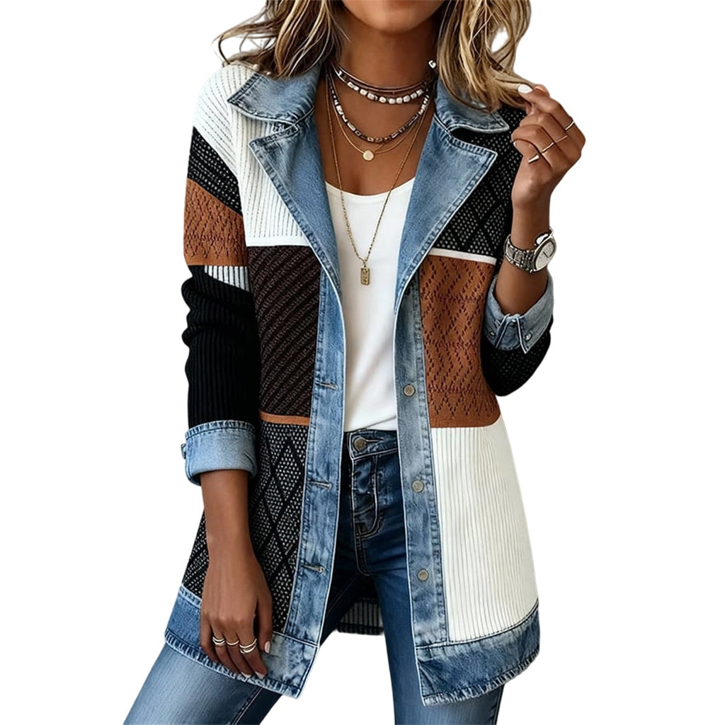Damens elegant ribbstickad kappa med jeansdetaljer