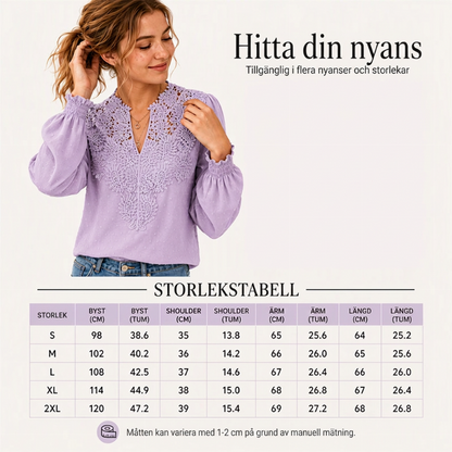 Långärmad topp med spets och V-ringning för kvinnor