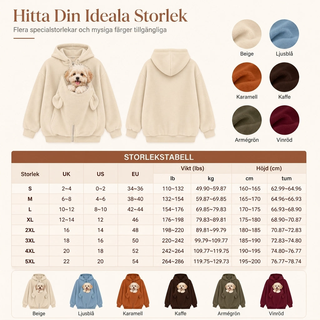 Lös hoodie med känguruficka och dragkedja för husdjur